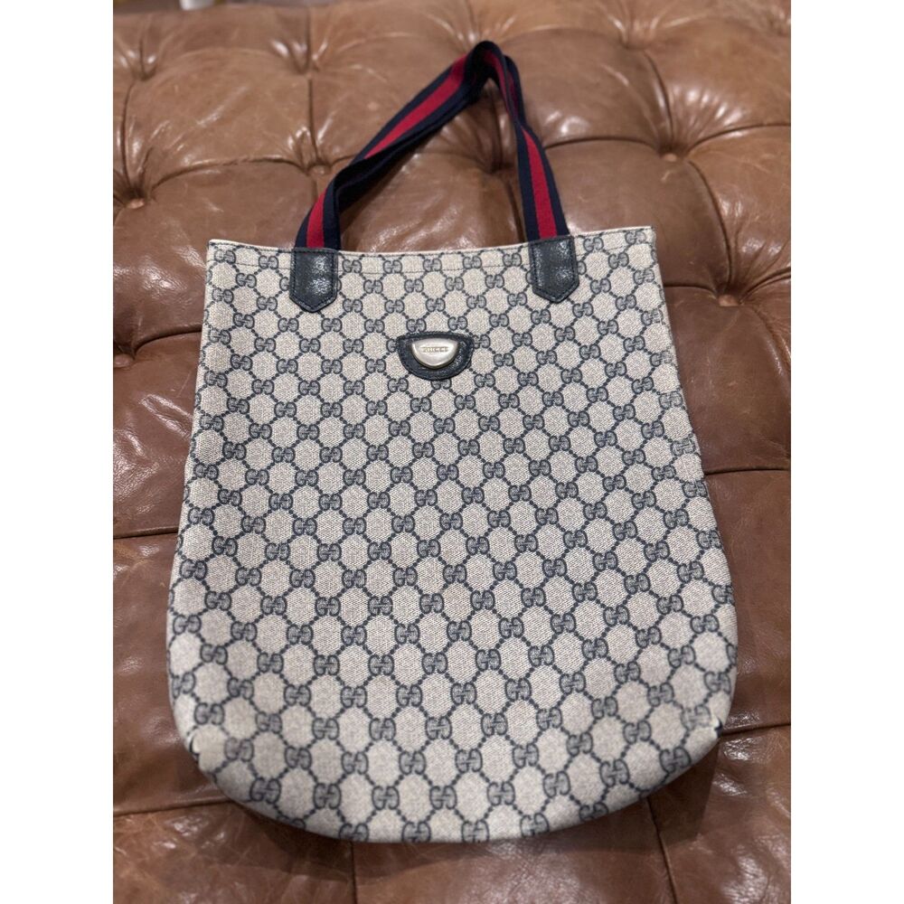 Authentic Vintage Gucci GG Plus Sherry Line Navy Monogram Tote Bag